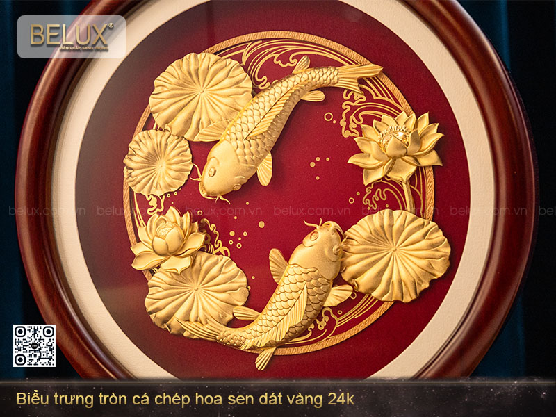 Biểu Trưng Tròn Cá Chép Hoa Sen Dát Vàng 24k